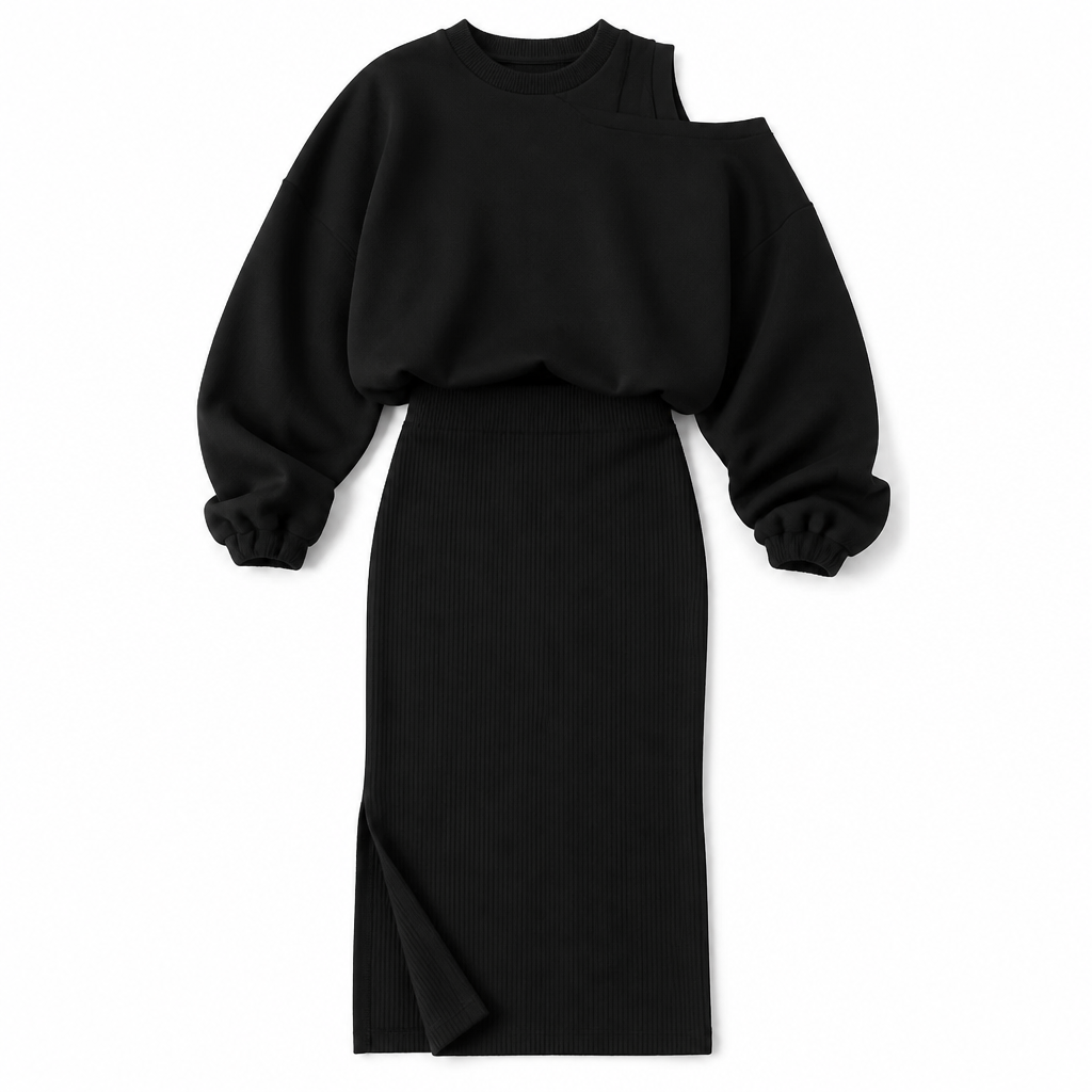 VelaVista™ – Cut-Out Shoulder Sweatshirt and Fitted Midi Dress Set