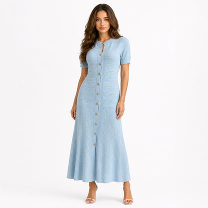 Damen Strick Midi Kleid | Enganliegend mit Knopfleiste & Rüschensaum | Babyblau Kurzarm | Bequeme Passform