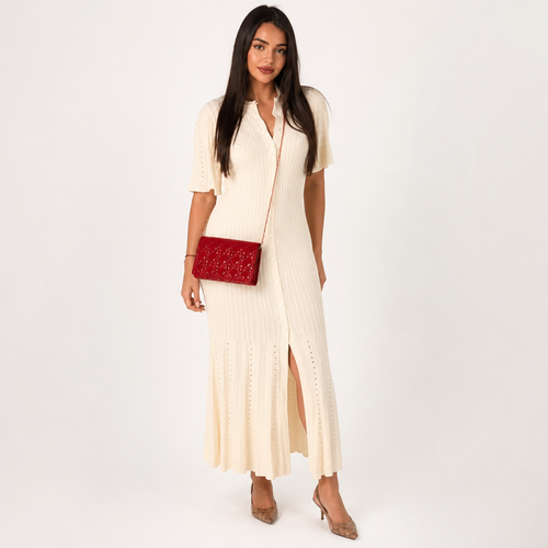 Women's Maxi Dress | Patchwork Pleated Ruffle Hem | Knit Fabric | Evening Party