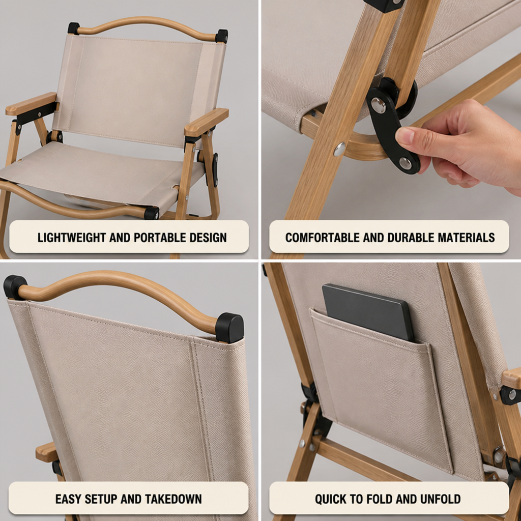 Outdoor Chair Foldable Lightweight Oxford Fabric & Beech Armrests
