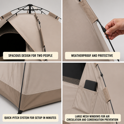 Camping Tent 2-Person Quick-Pitch Water-Repellent & Mesh Windows