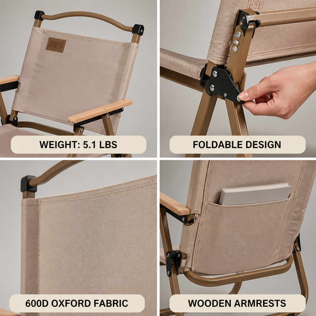 Camping Chair Foldable Wooden Armrests Heavy Duty 838 Lbs
