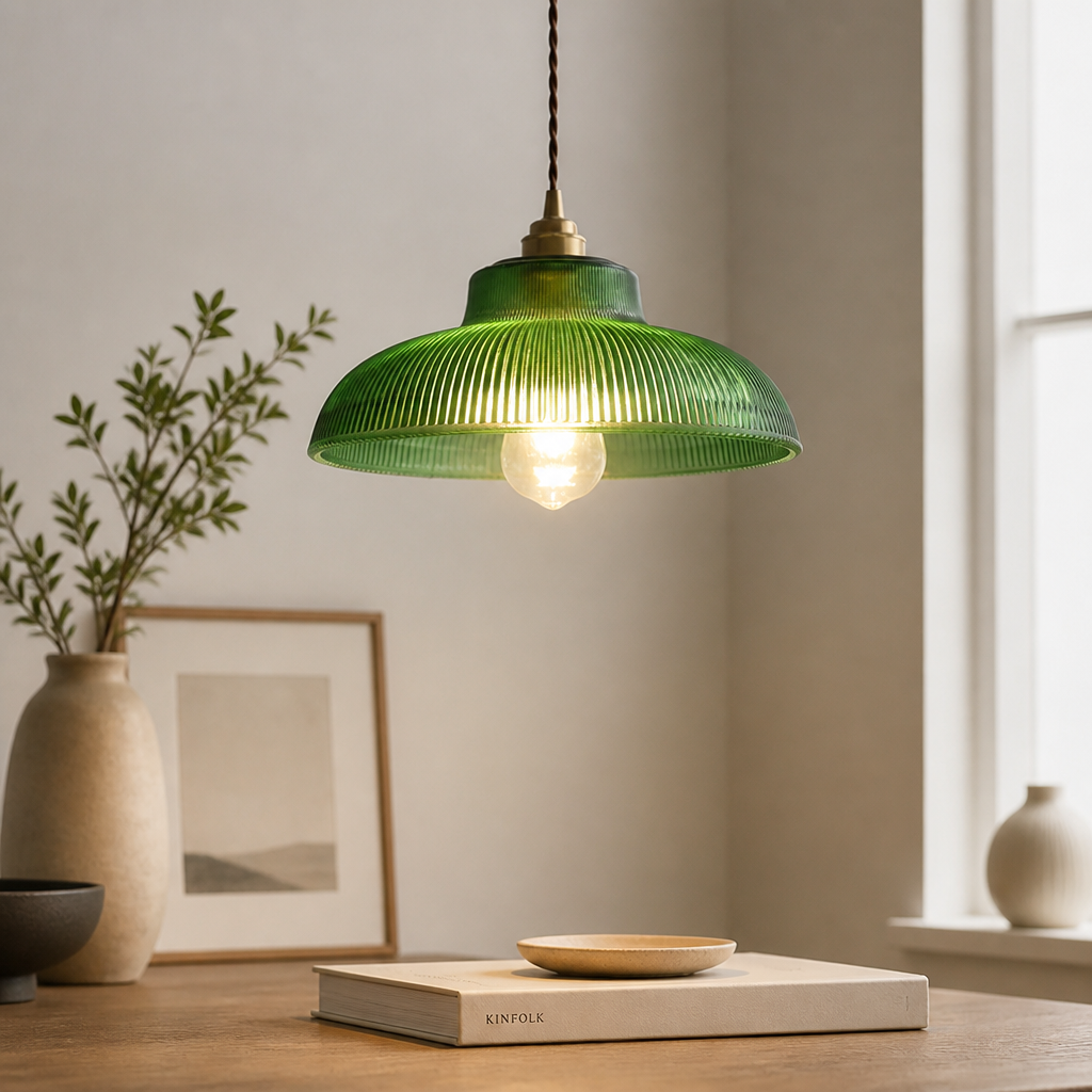 Pendant light | Vintage green glass lampshade | 30cm, E27 base & iron frame