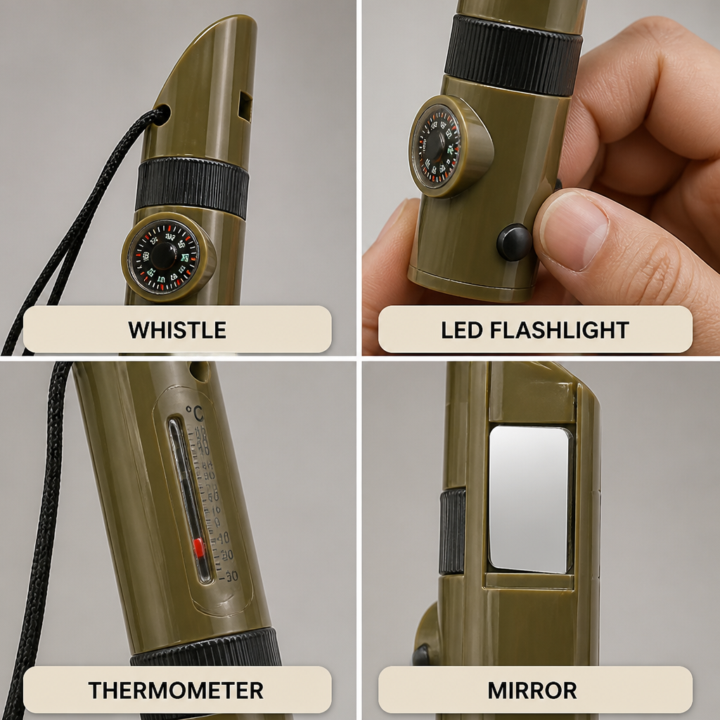 Survival Tool 7-in-1 Whistle, LED Flashlight & Compass