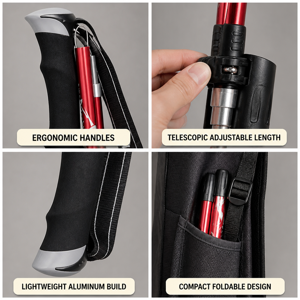Trekking Poles Adjustable Foldable Aluminum Shaft & Tungsten Tips