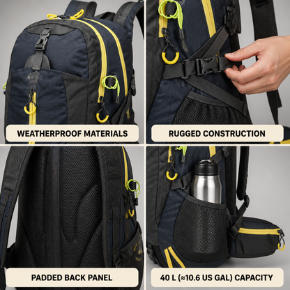 Hiking Backpack Waterproof 40L Padded Back & Adjustable Straps