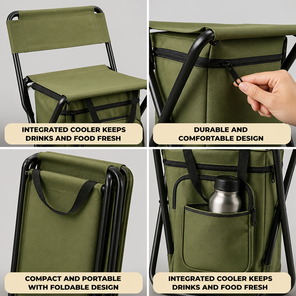 Camping Chair Foldable Insulated Cooler Steel Frame