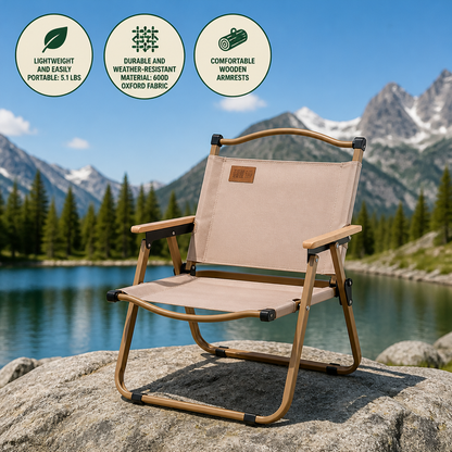 Camping Chair Foldable Wooden Armrests Heavy Duty 838 Lbs