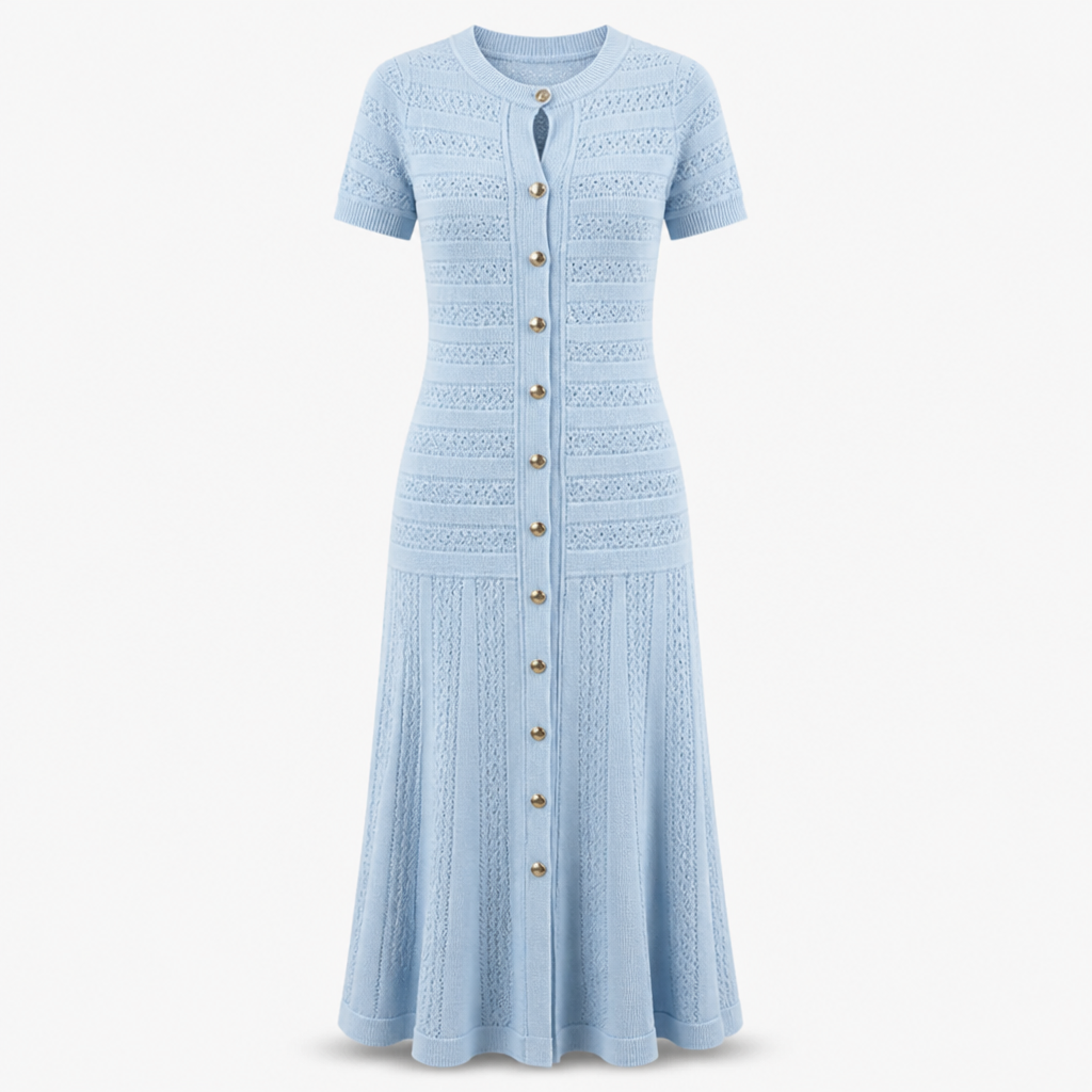 Damen Strick Midi Kleid | Enganliegend mit Knopfleiste & Rüschensaum | Babyblau Kurzarm | Bequeme Passform