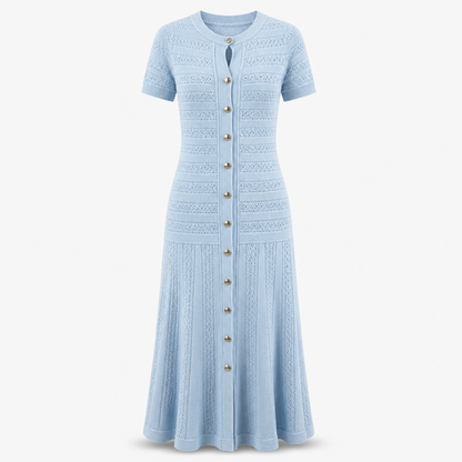 Damen Strick Midi Kleid | Enganliegend mit Knopfleiste & Rüschensaum | Babyblau Kurzarm | Bequeme Passform