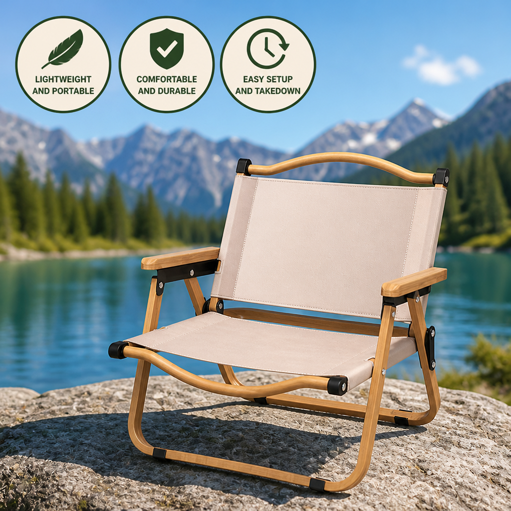 Outdoor Chair Foldable Lightweight Oxford Fabric & Beech Armrests