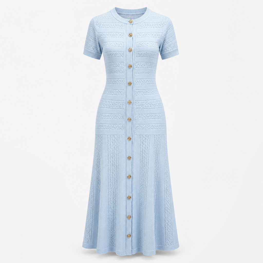 Damen Strick Midi Kleid | Enganliegend mit Knopfleiste & Rüschensaum | Babyblau Kurzarm | Bequeme Passform