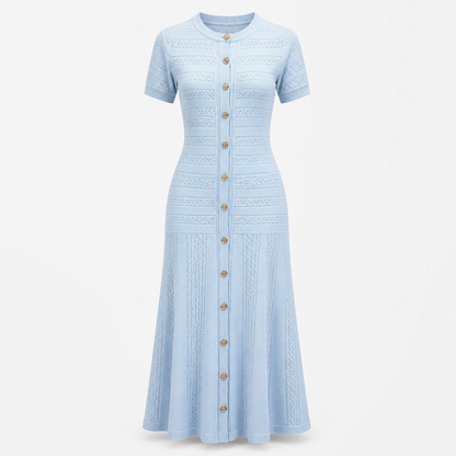 Damen Strick Midi Kleid | Enganliegend mit Knopfleiste & Rüschensaum | Babyblau Kurzarm | Bequeme Passform