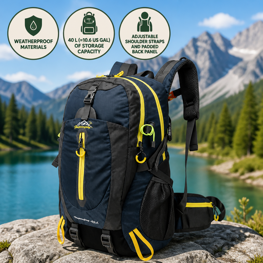 Hiking Backpack Waterproof 40L Padded Back & Adjustable Straps