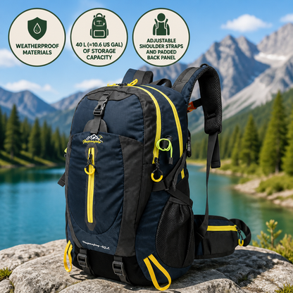 Hiking Backpack Waterproof 40L Padded Back & Adjustable Straps