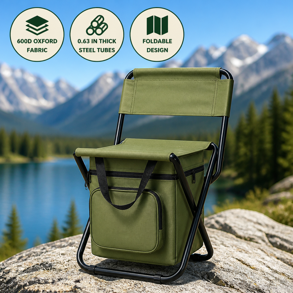 Camping Chair Foldable Insulated Cooler Steel Frame