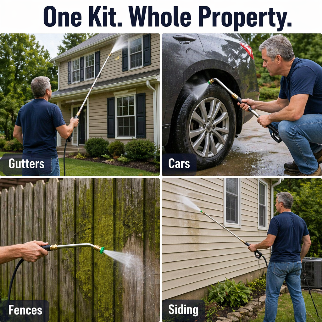 SkySweep™ — Power-Clean Gutters, Siding & Upstairs Grime Without Climbing a Ladder