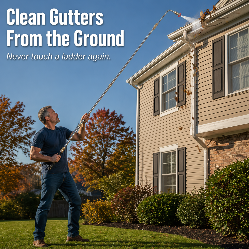 SkySweep™ — Power-Clean Gutters, Siding & Upstairs Grime Without Climbing a Ladder