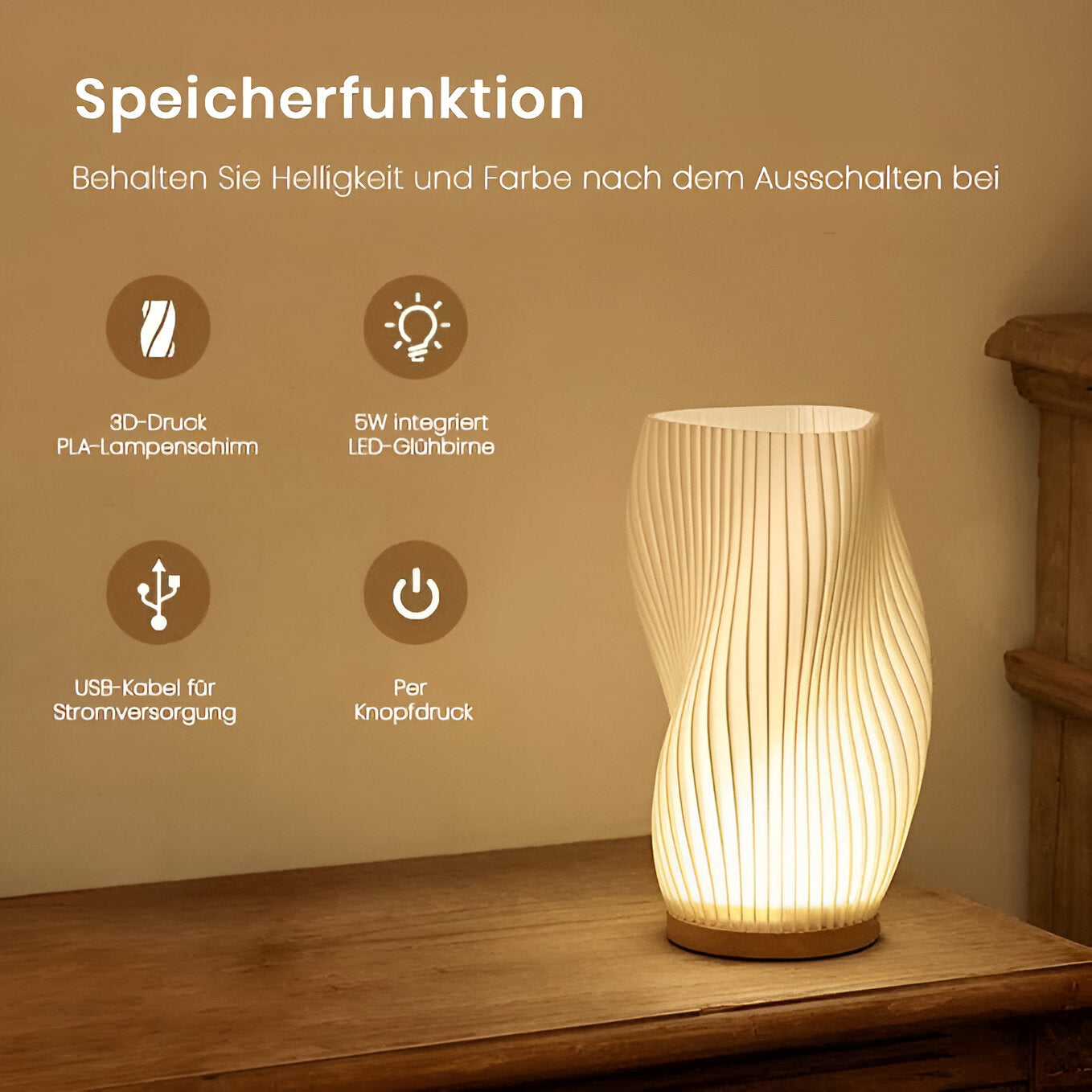 DreamWave - Modern cream-colored 3D wave lamp with elegant metal base