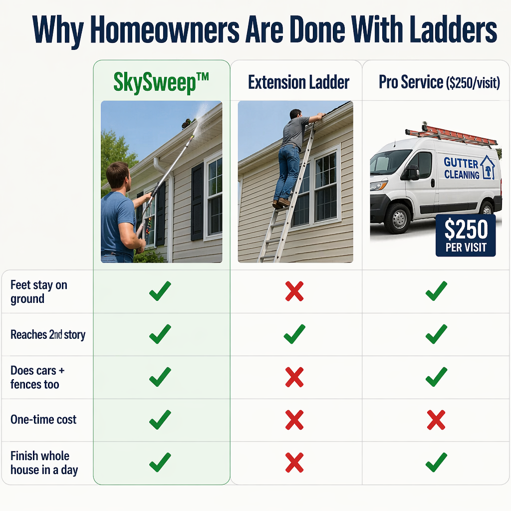 SkySweep™ — Power-Clean Gutters, Siding & Upstairs Grime Without Climbing a Ladder