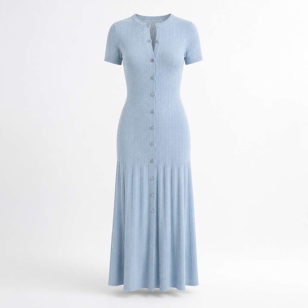 Damen Strick Midi Kleid | Enganliegend mit Knopfleiste & Rüschensaum | Babyblau Kurzarm | Bequeme Passform
