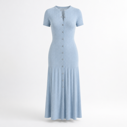 Damen Strick Midi Kleid | Enganliegend mit Knopfleiste & Rüschensaum | Babyblau Kurzarm | Bequeme Passform