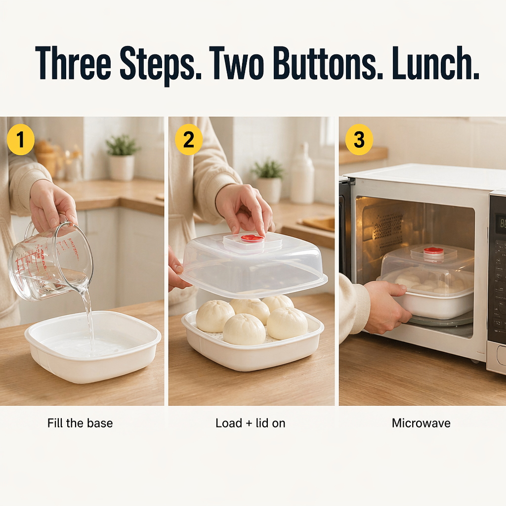 VaporLux™ — Steam Fish, Veggies & Dumplings Directly in Your Microwave