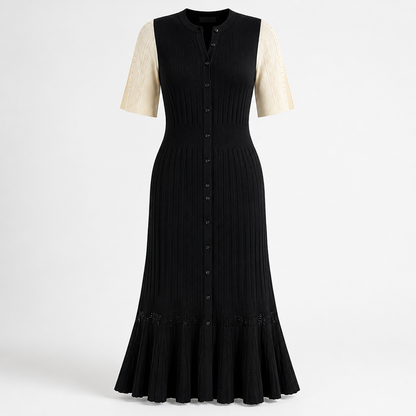 Women's Maxi Dress | Patchwork Pleated Ruffle Hem | Knit Fabric | Evening Party
