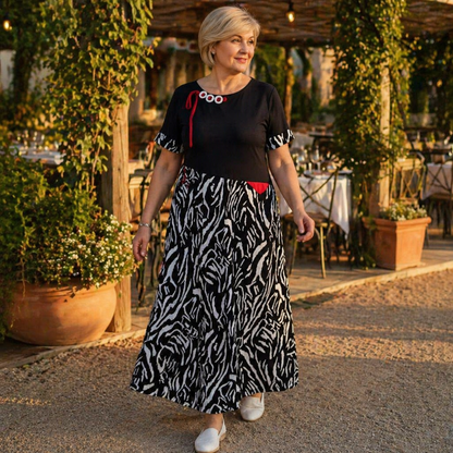 LuxeMosaic™ – Flowy Two-Tone Maxi Dress with Zebra Print Skirt
