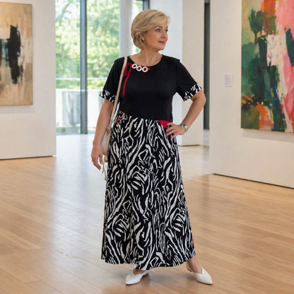 LuxeMosaic™ – Flowy Two-Tone Maxi Dress with Zebra Print Skirt