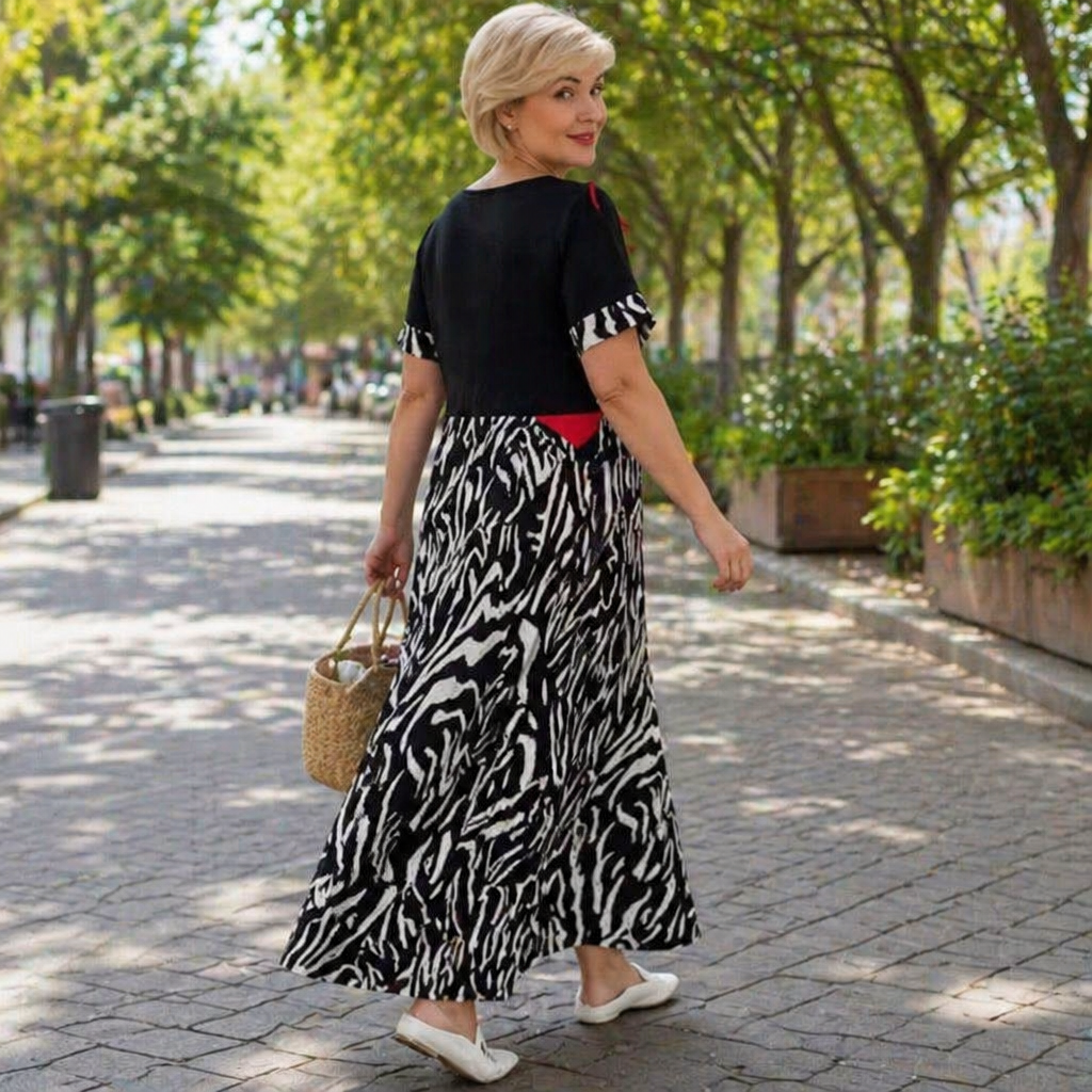 LuxeMosaic™ – Flowy Two-Tone Maxi Dress with Zebra Print Skirt