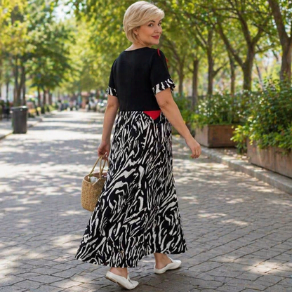 LuxeMosaic™ – Flowy Two-Tone Maxi Dress with Zebra Print Skirt