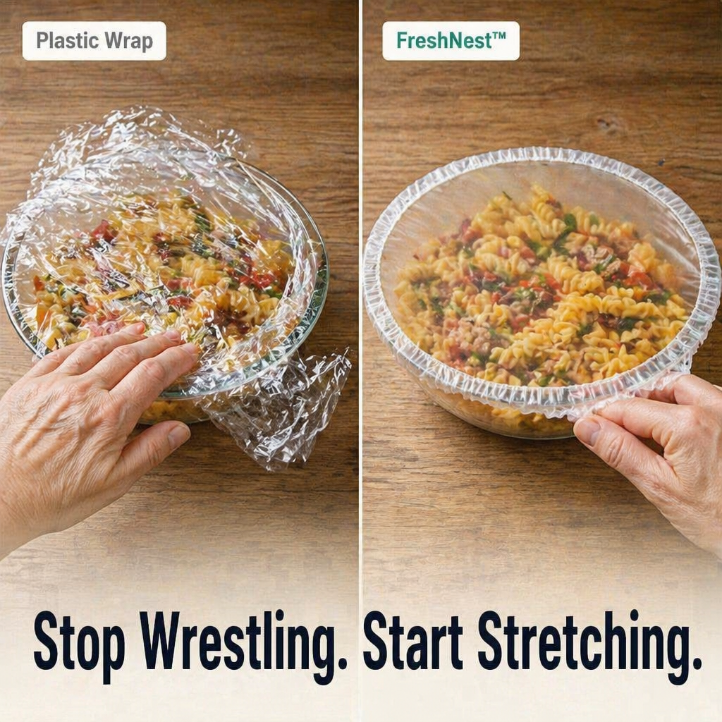 FreshNest™ — Cover Any Bowl, Plate or Half-Cut Watermelon Without Wrestling Plastic Wrap