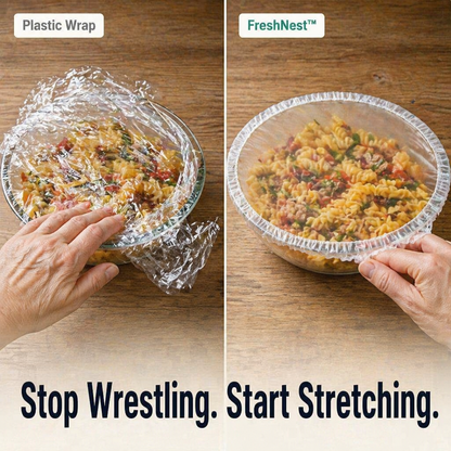 FreshNest™ — Cover Any Bowl, Plate or Half-Cut Watermelon Without Wrestling Plastic Wrap