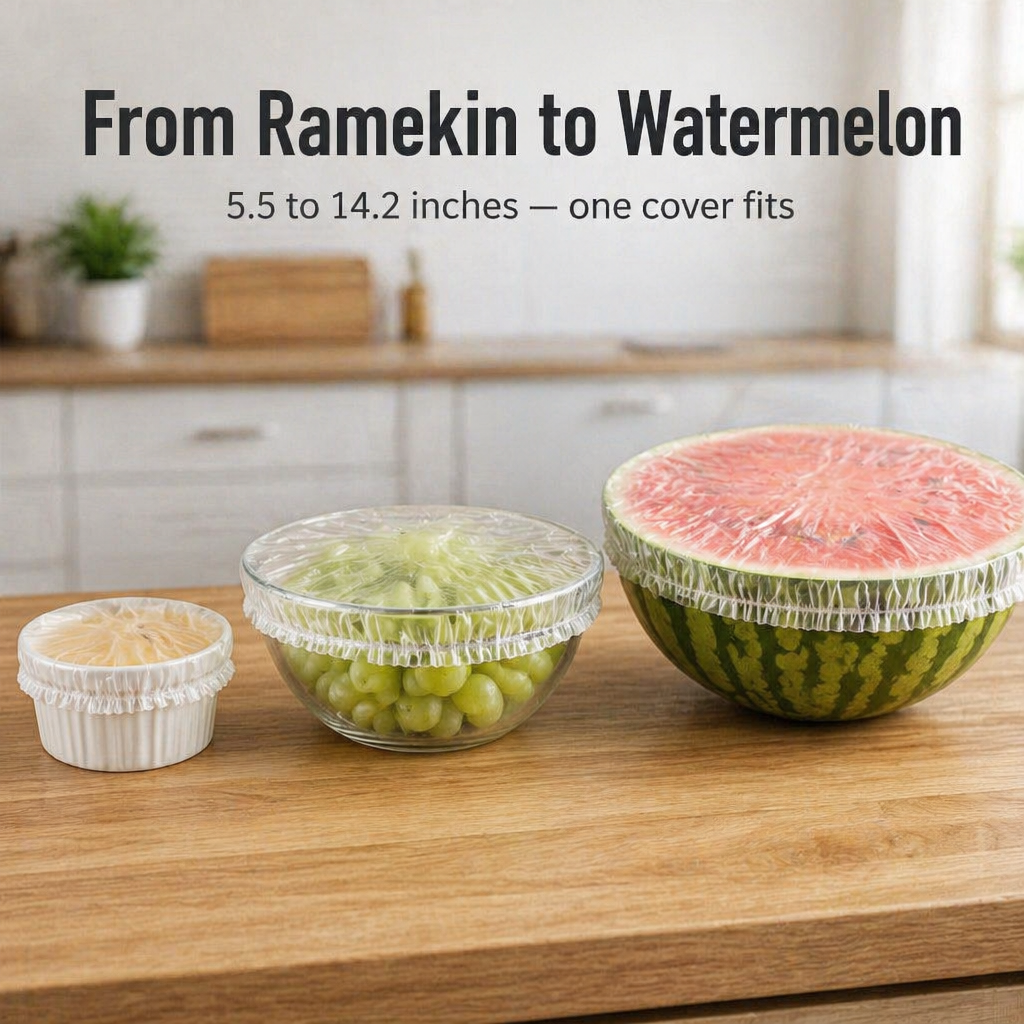 FreshNest™ — Cover Any Bowl, Plate or Half-Cut Watermelon Without Wrestling Plastic Wrap