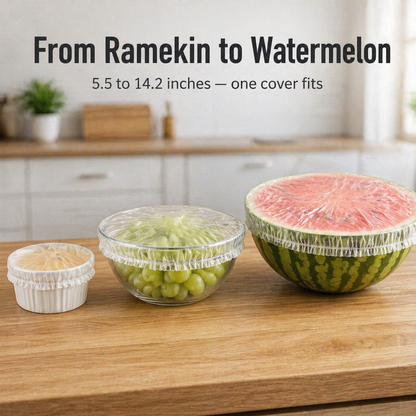 FreshNest™ — Cover Any Bowl, Plate or Half-Cut Watermelon Without Wrestling Plastic Wrap