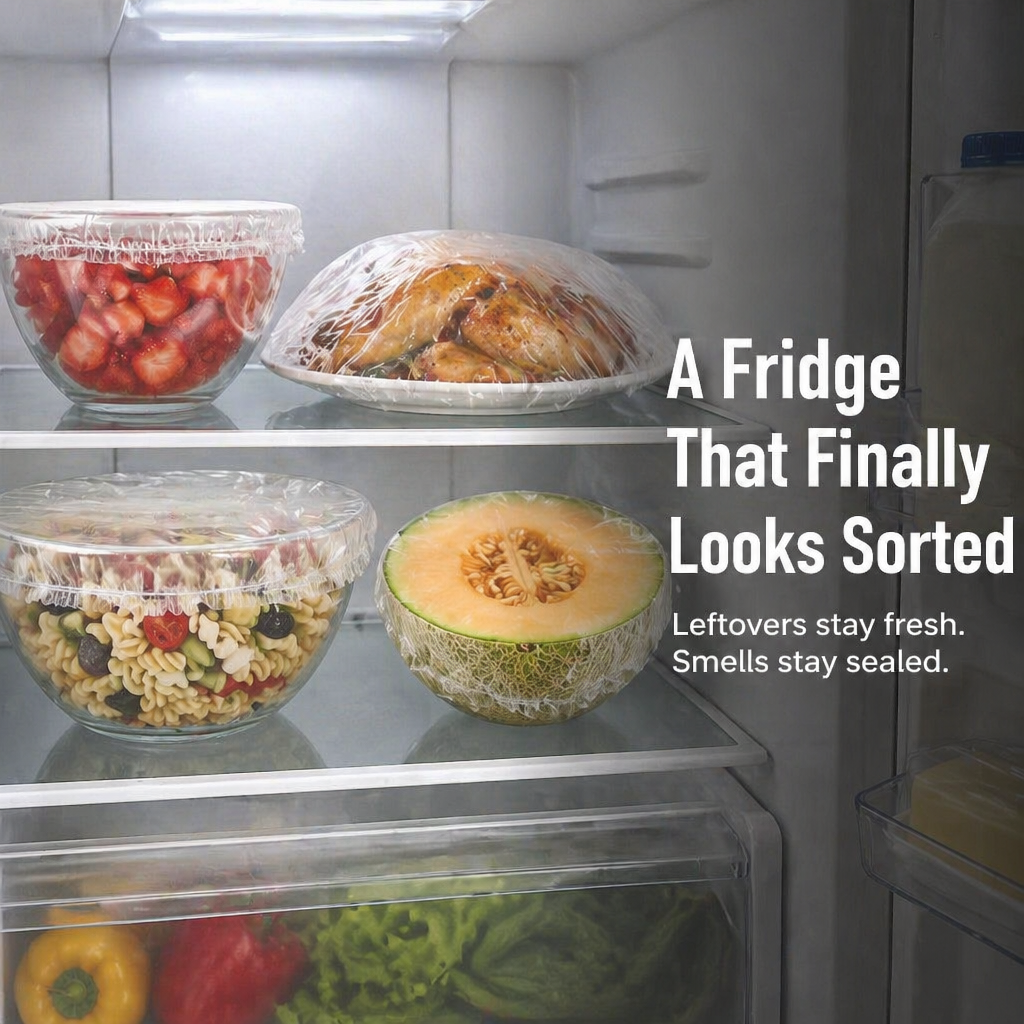 FreshNest™ — Cover Any Bowl, Plate or Half-Cut Watermelon Without Wrestling Plastic Wrap