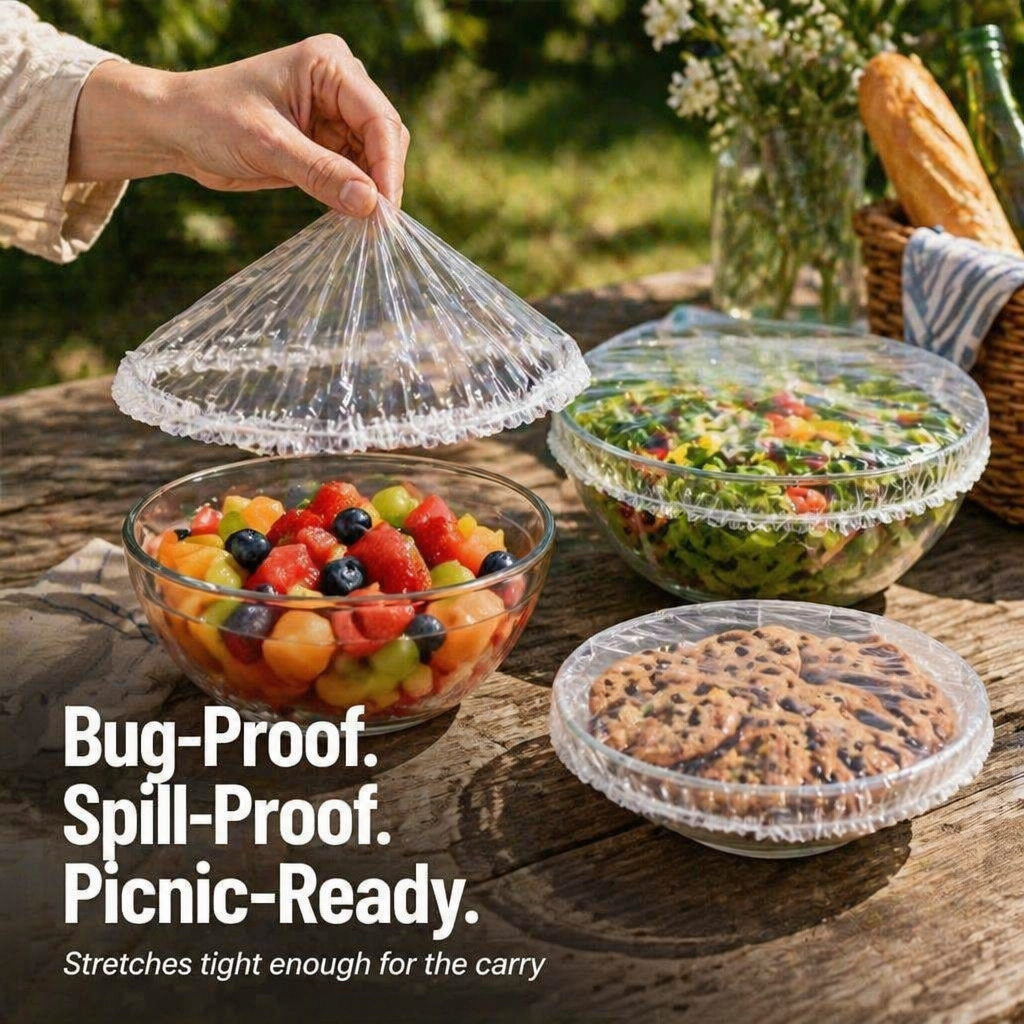 FreshNest™ — Cover Any Bowl, Plate or Half-Cut Watermelon Without Wrestling Plastic Wrap