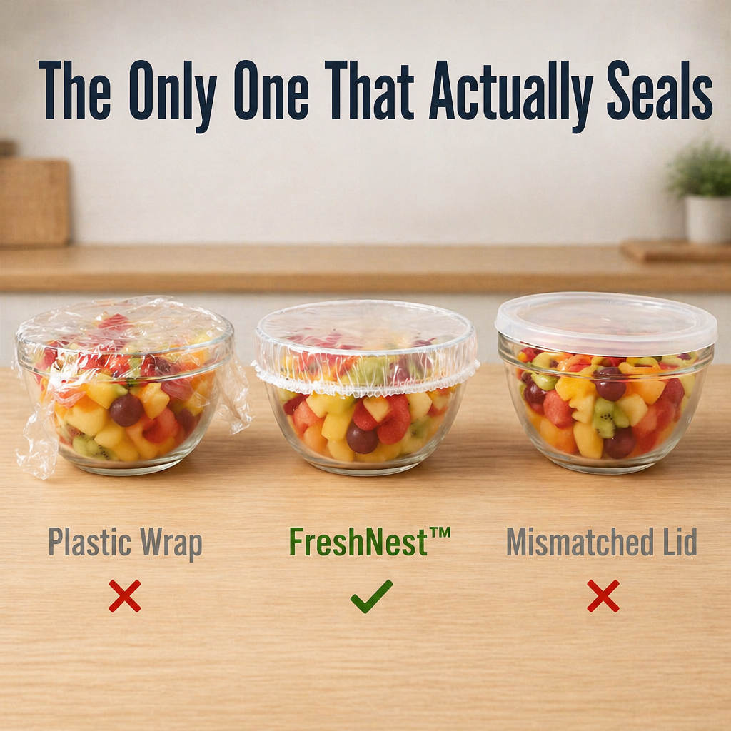 FreshNest™ — Cover Any Bowl, Plate or Half-Cut Watermelon Without Wrestling Plastic Wrap
