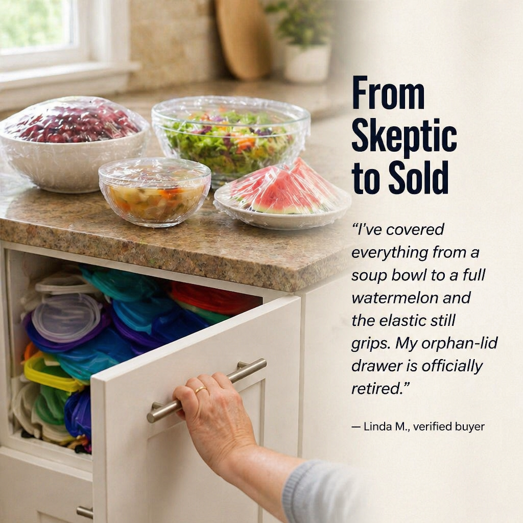 FreshNest™ — Cover Any Bowl, Plate or Half-Cut Watermelon Without Wrestling Plastic Wrap