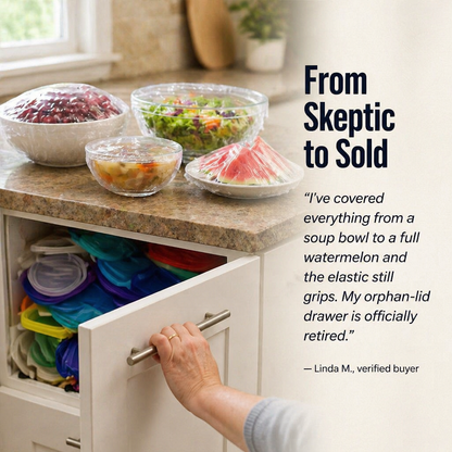 FreshNest™ — Cover Any Bowl, Plate or Half-Cut Watermelon Without Wrestling Plastic Wrap