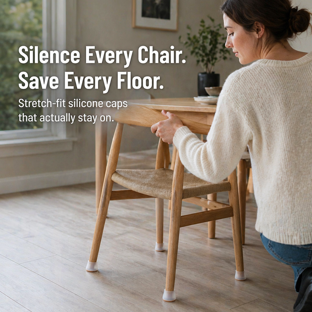 VibraShield™ — Stretch-Fit Silicone Caps That Silence Chairs and Save Your Floors