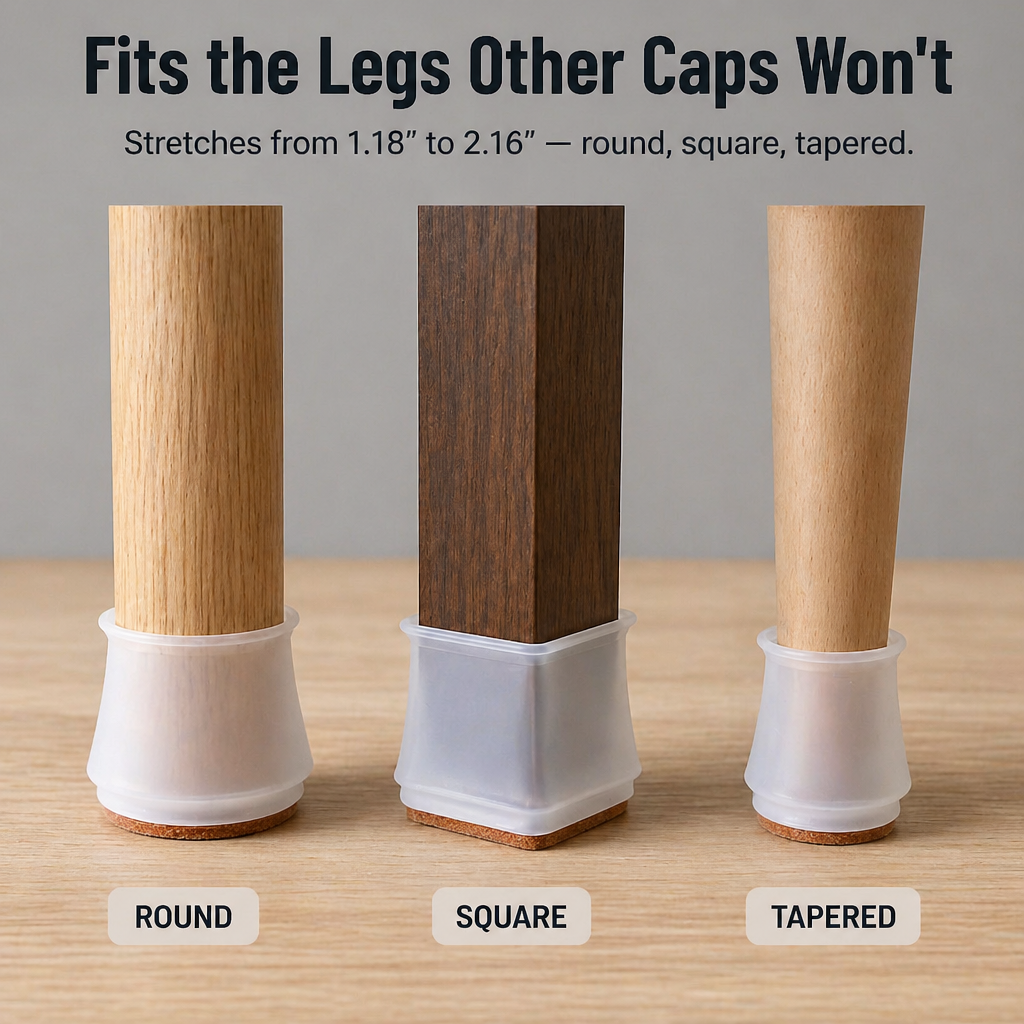 VibraShield™ — Stretch-Fit Silicone Caps That Silence Chairs and Save Your Floors