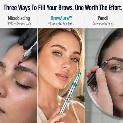 BrowAura™ — Stroke On Hair-Like Brows That Survive Sweat, Rain & 36-Hour Days