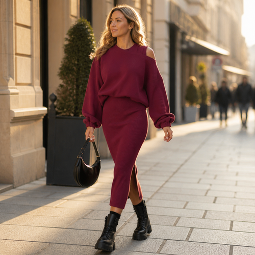 VelaVista™ – Cut-Out Shoulder Sweatshirt and Fitted Midi Dress Set