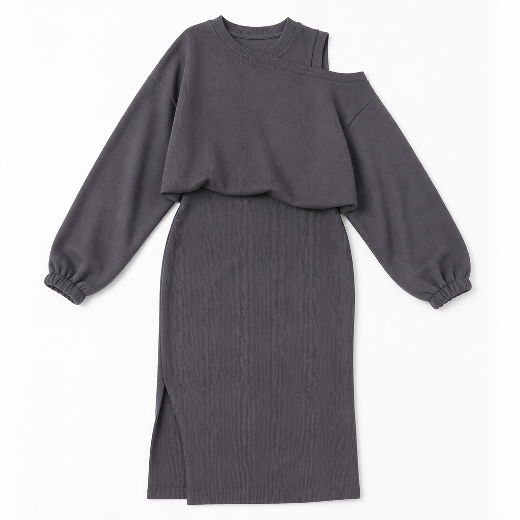 VelaVista™ – Cut-Out Shoulder Sweatshirt and Fitted Midi Dress Set