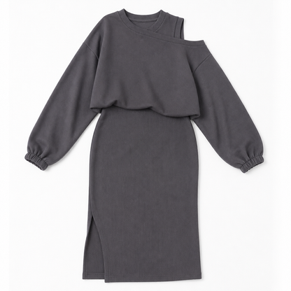 VelaVista™ – Cut-Out Shoulder Sweatshirt and Fitted Midi Dress Set