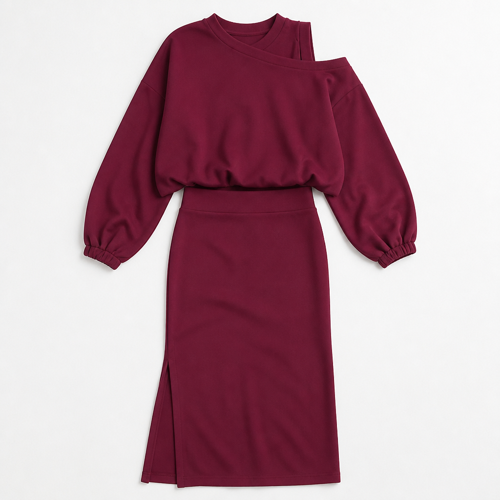 VelaVista™ – Cut-Out Shoulder Sweatshirt and Fitted Midi Dress Set