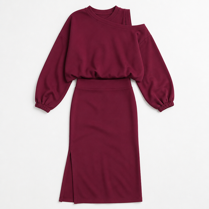 VelaVista™ – Cut-Out Shoulder Sweatshirt and Fitted Midi Dress Set