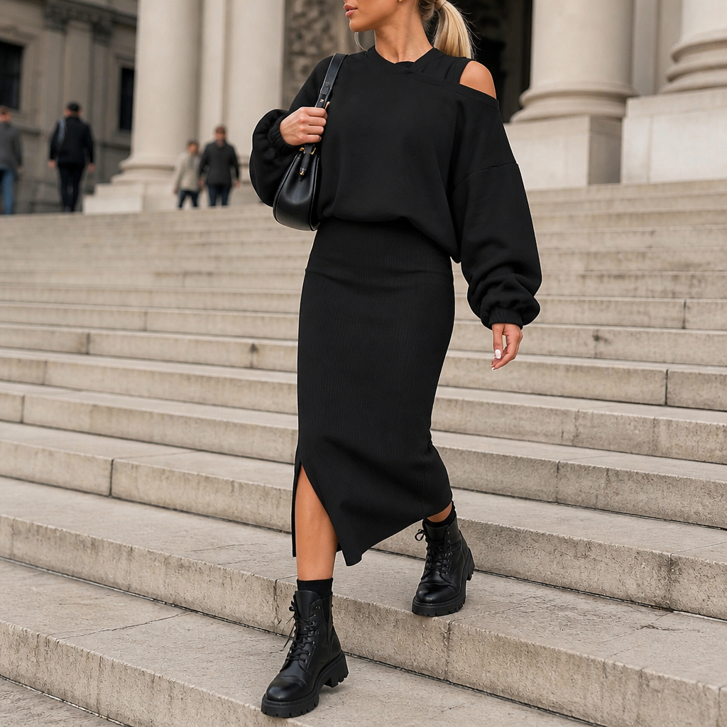 VelaVista™ – Cut-Out Shoulder Sweatshirt and Fitted Midi Dress Set